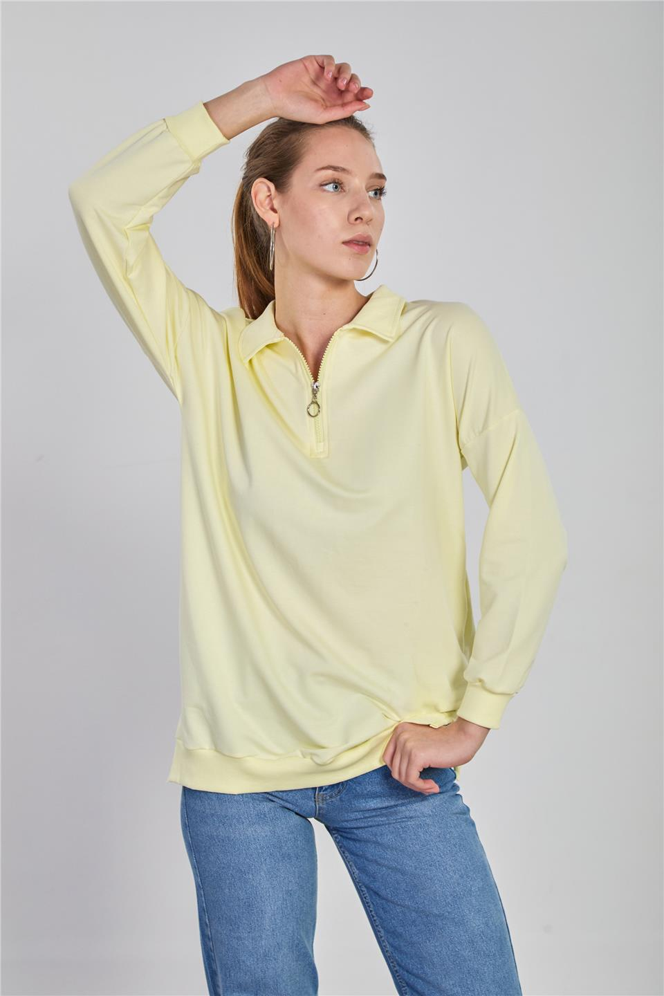 Önü fermuarlı polo yaka sweatshirt-6059 Sarı