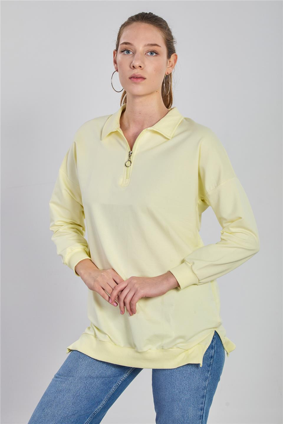 Önü fermuarlı polo yaka sweatshirt-6059 Sarı