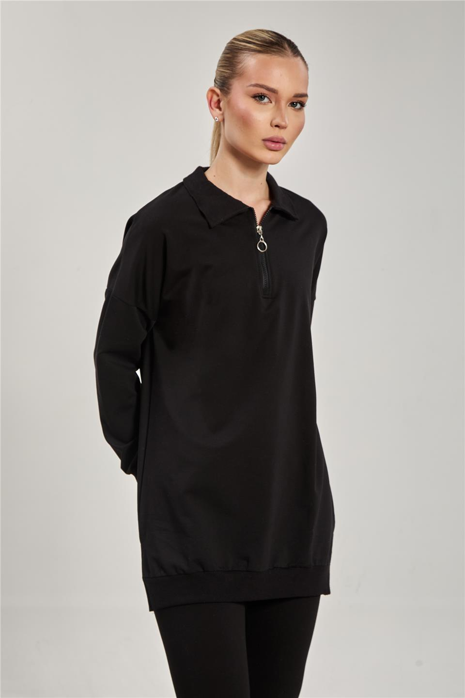 Önü fermuarlı polo yaka sweatshirt-6059 Siyah