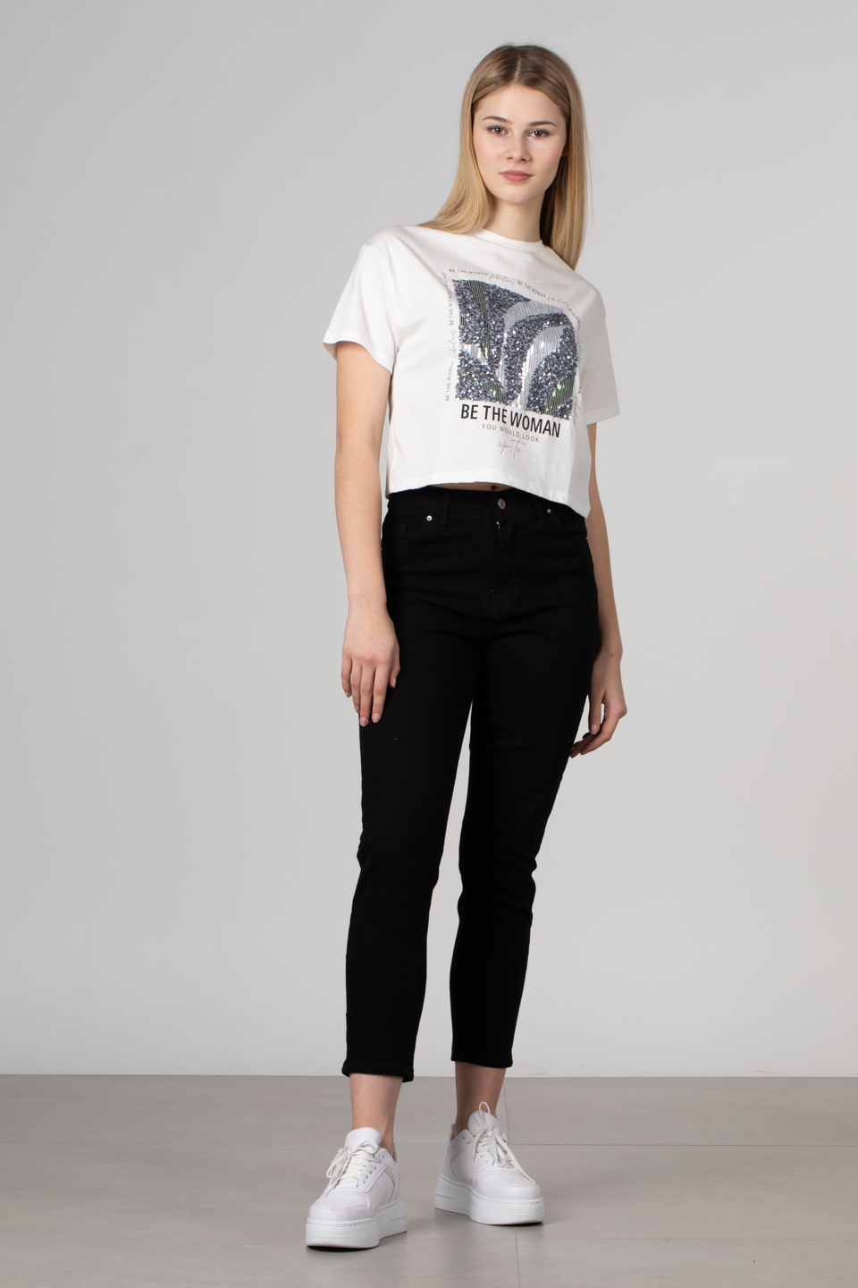 Önü payetli yazı baskılı t-shirt-150 Ekru