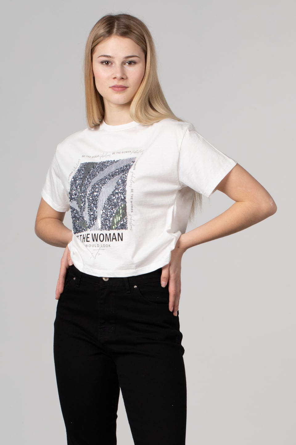 Önü payetli yazı baskılı t-shirt-150 Ekru