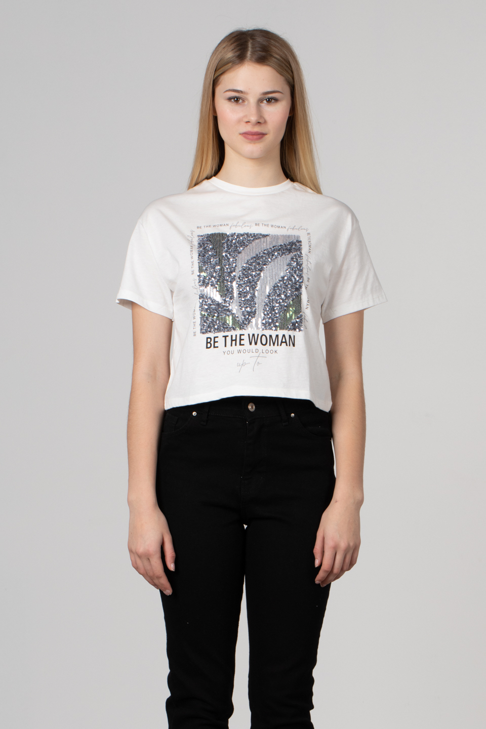 Önü payetli yazı baskılı t-shirt-150 Ekru