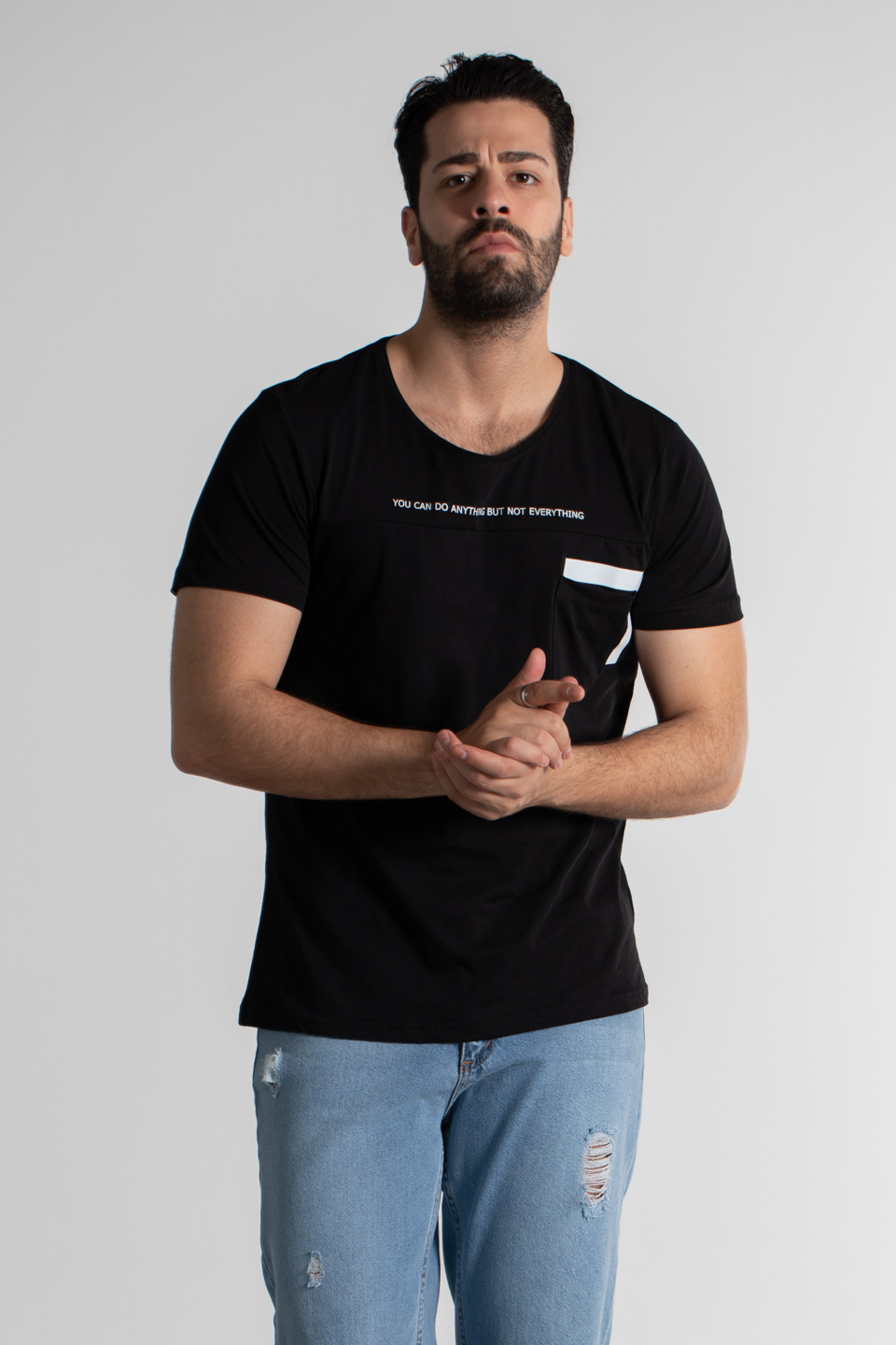 Önü Yazı Baskılı T-Shirt - Siyah