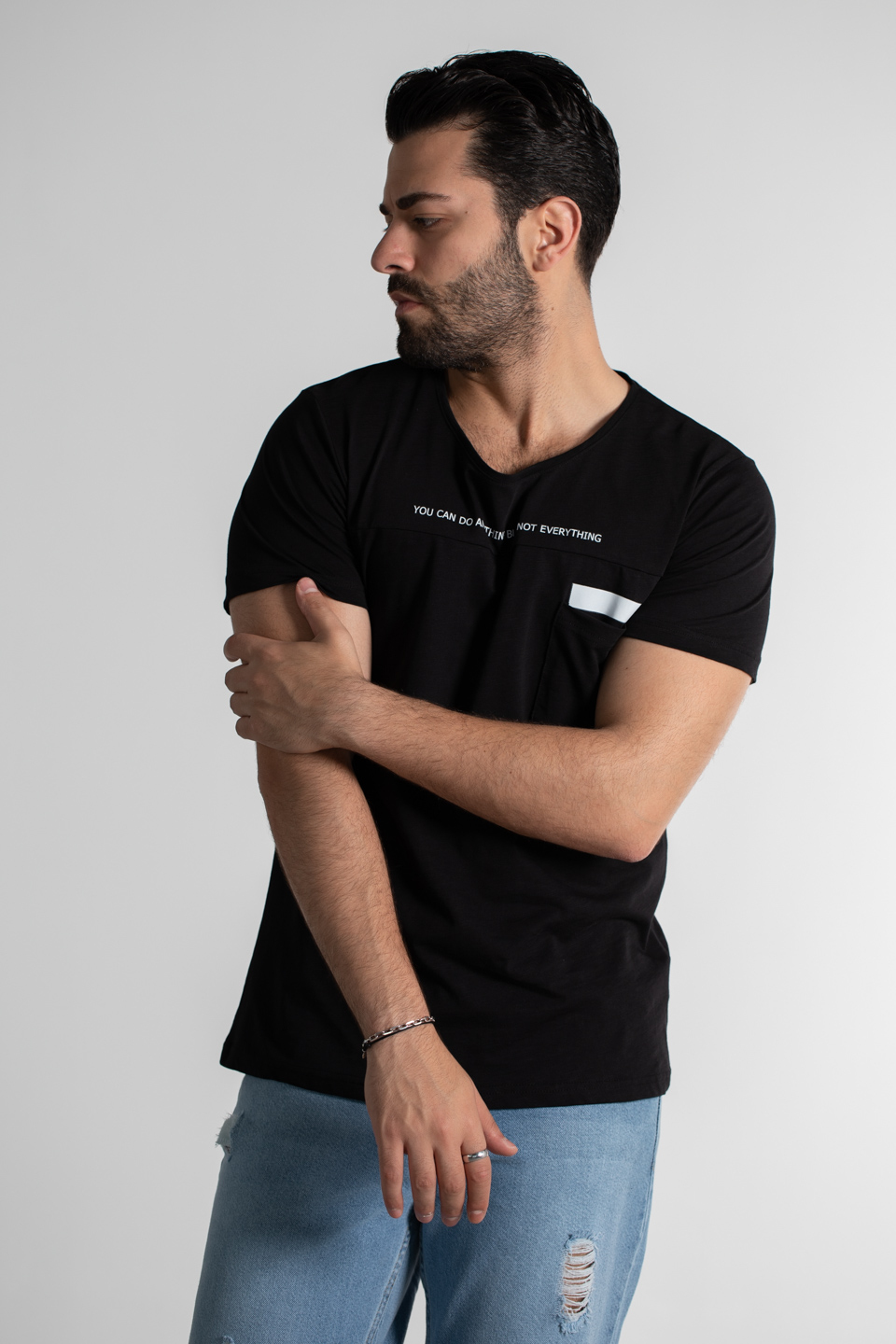 Önü Yazı Baskılı T-Shirt - Siyah