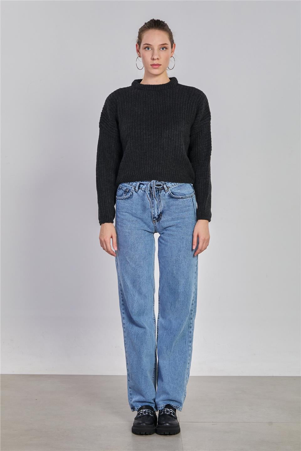 Örgülü crop kazak-6631 Antrasit