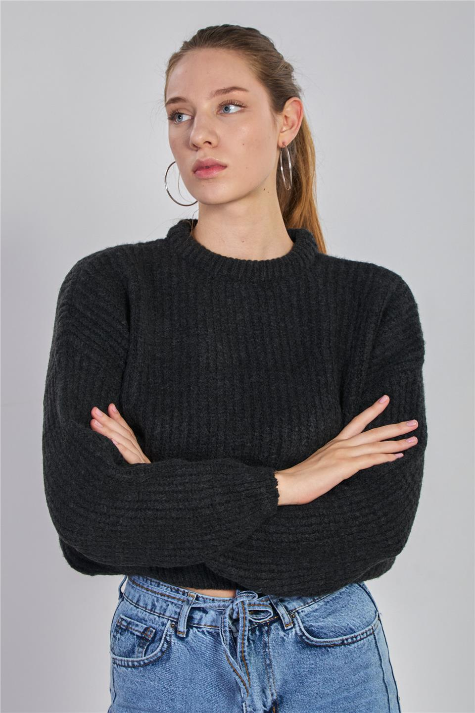 Örgülü crop kazak-6631 Antrasit