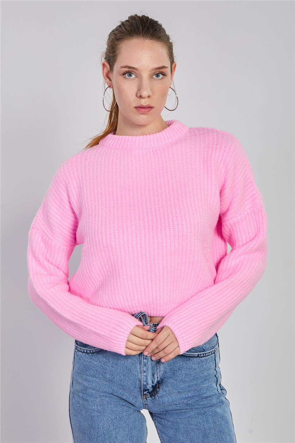 Örgülü crop kazak-6631 Pembe