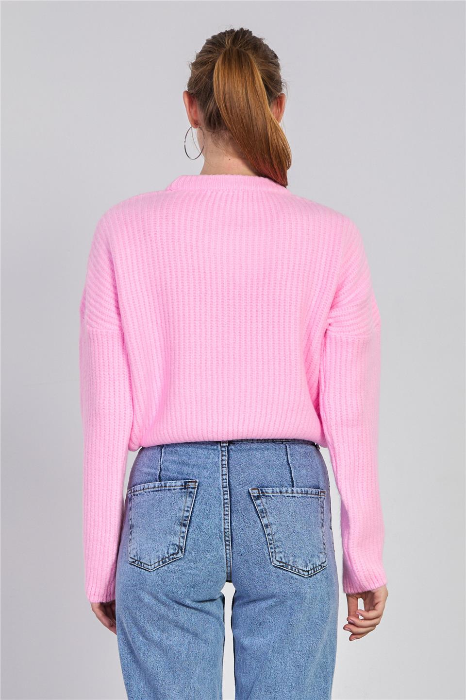 Örgülü crop kazak-6631 Pembe