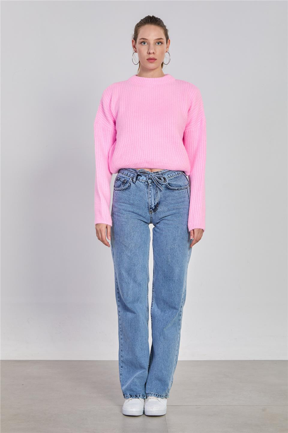 Örgülü crop kazak-6631 Pembe