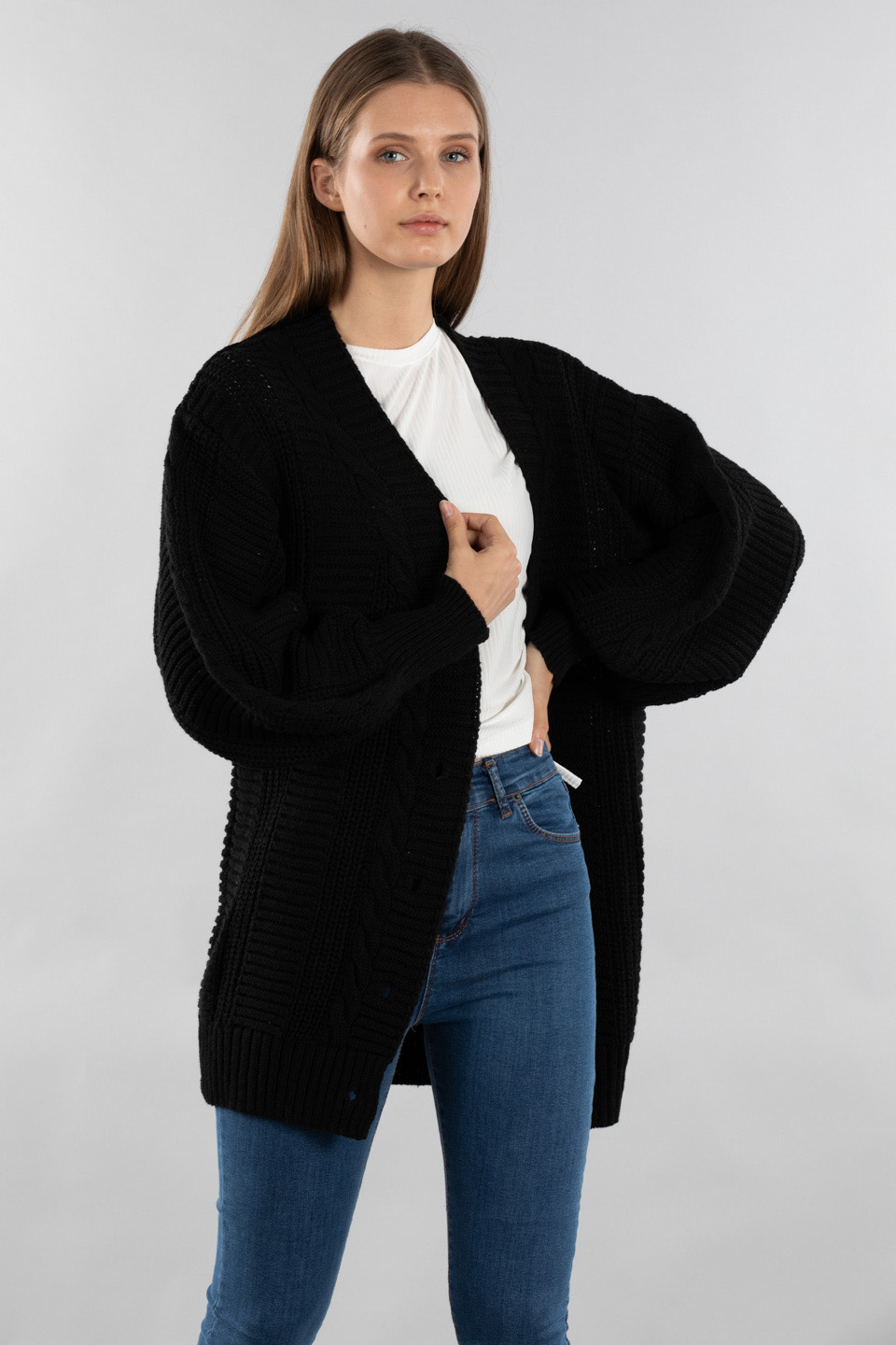 Örgülü triko hırka-5012 Siyah