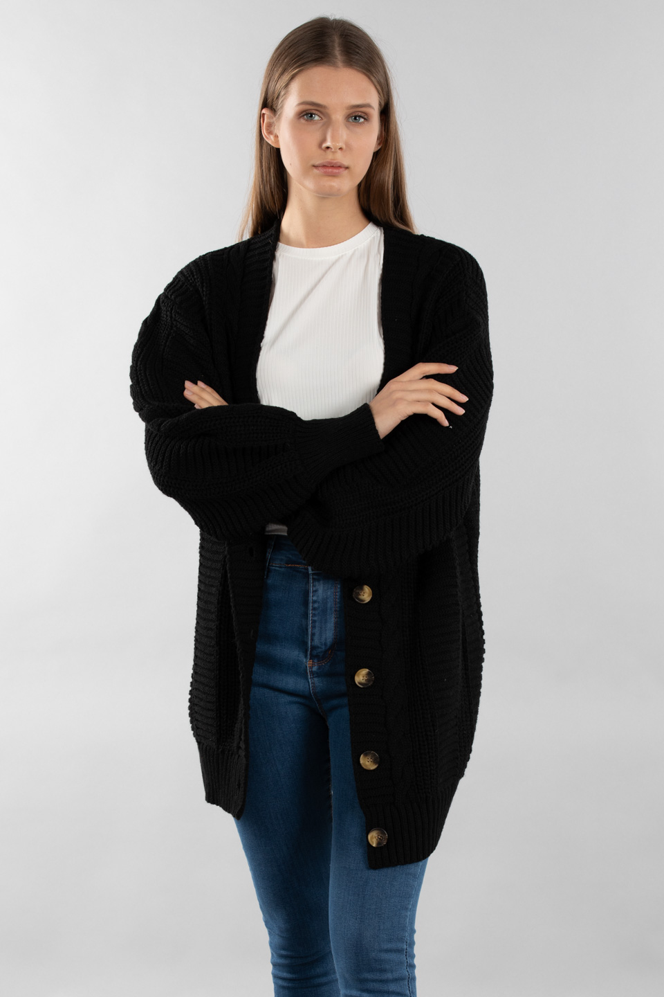 Örgülü triko hırka-5012 Siyah