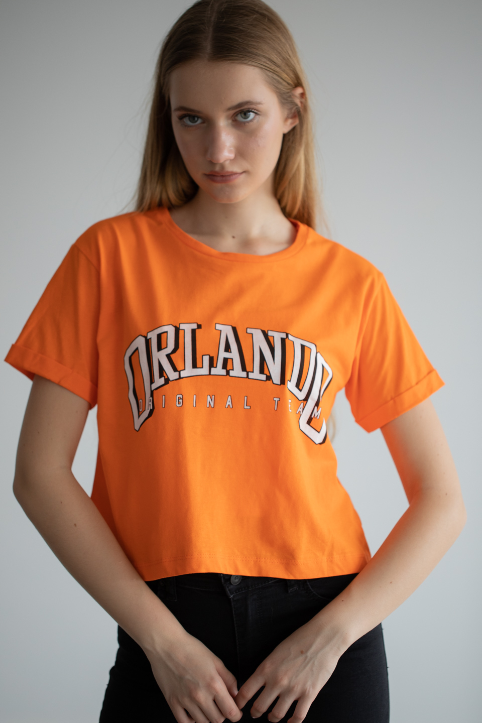 Orlondo baskılı double kol t-shirt-6279 Oranj