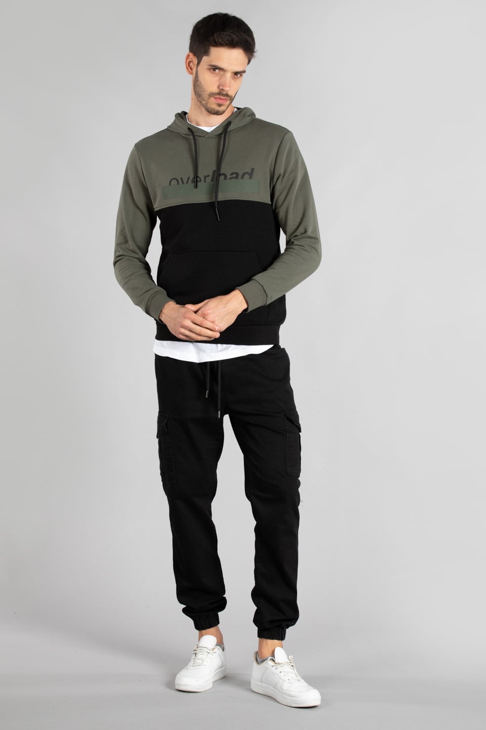 Overload baskılı kapüşonlu sweatshırt-5231 Haki/Siyah