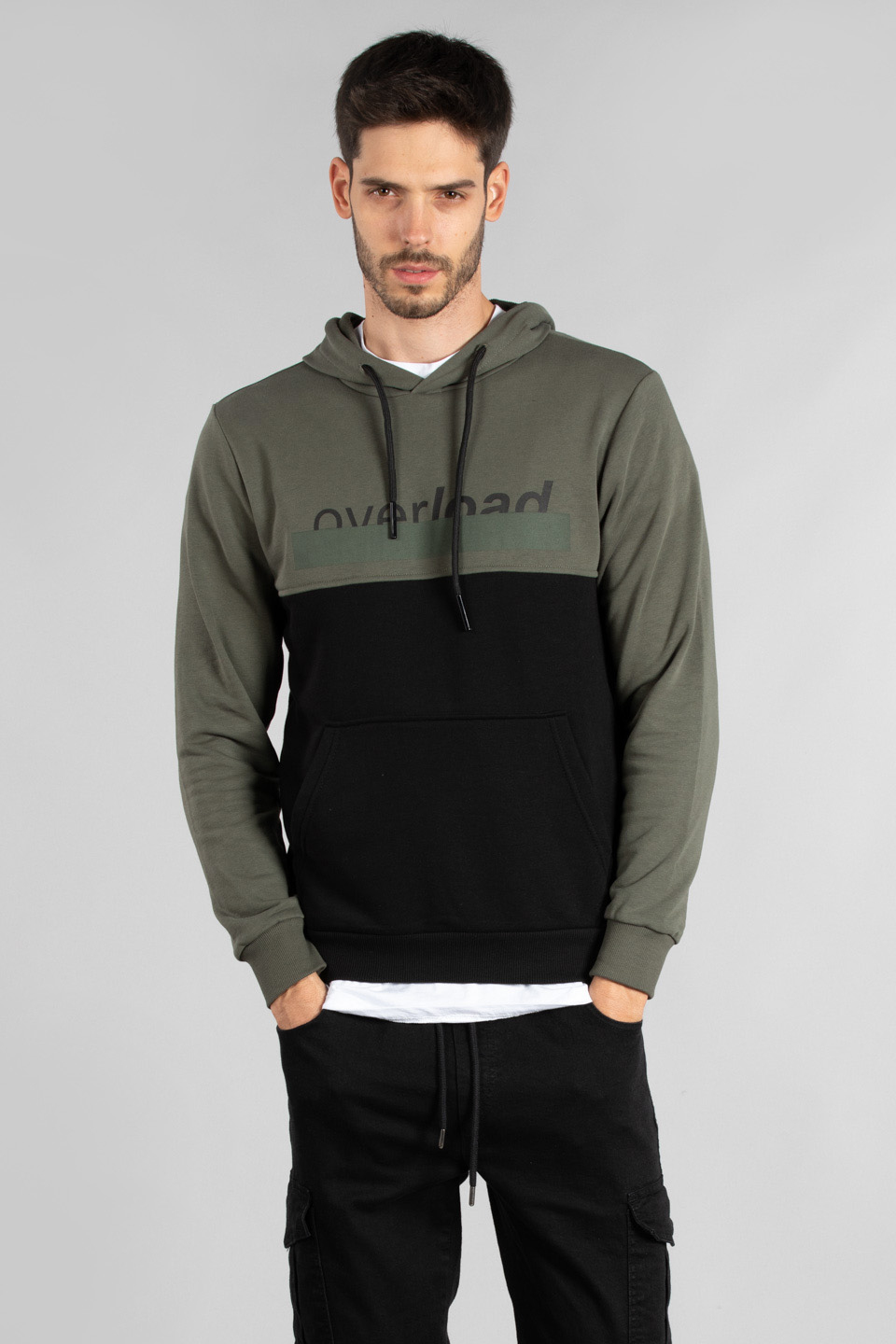 Overload baskılı kapüşonlu sweatshırt-5231 Haki/Siyah
