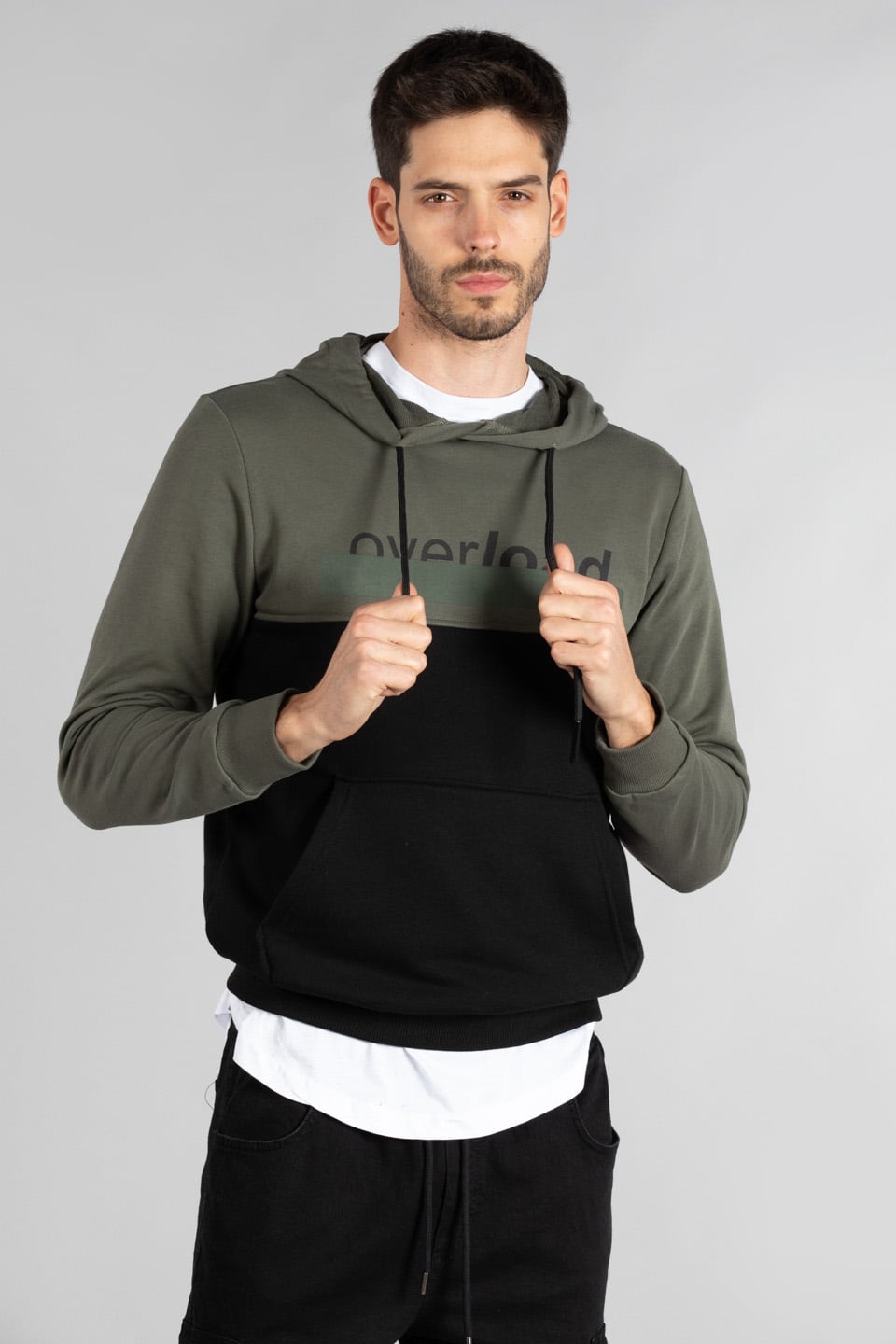 Overload baskılı kapüşonlu sweatshırt-5231 Haki/Siyah