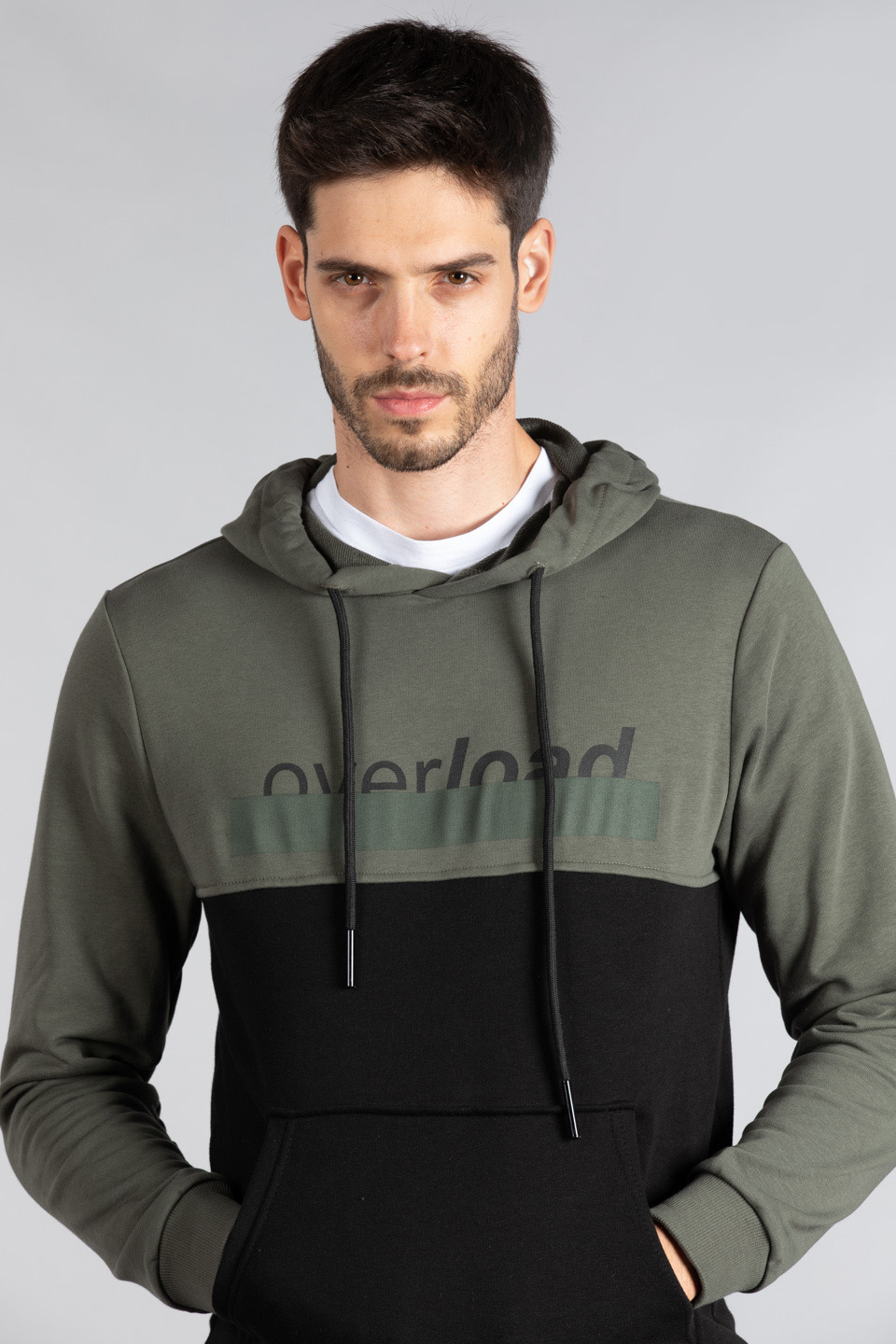 Overload baskılı kapüşonlu sweatshırt-5231 Haki/Siyah
