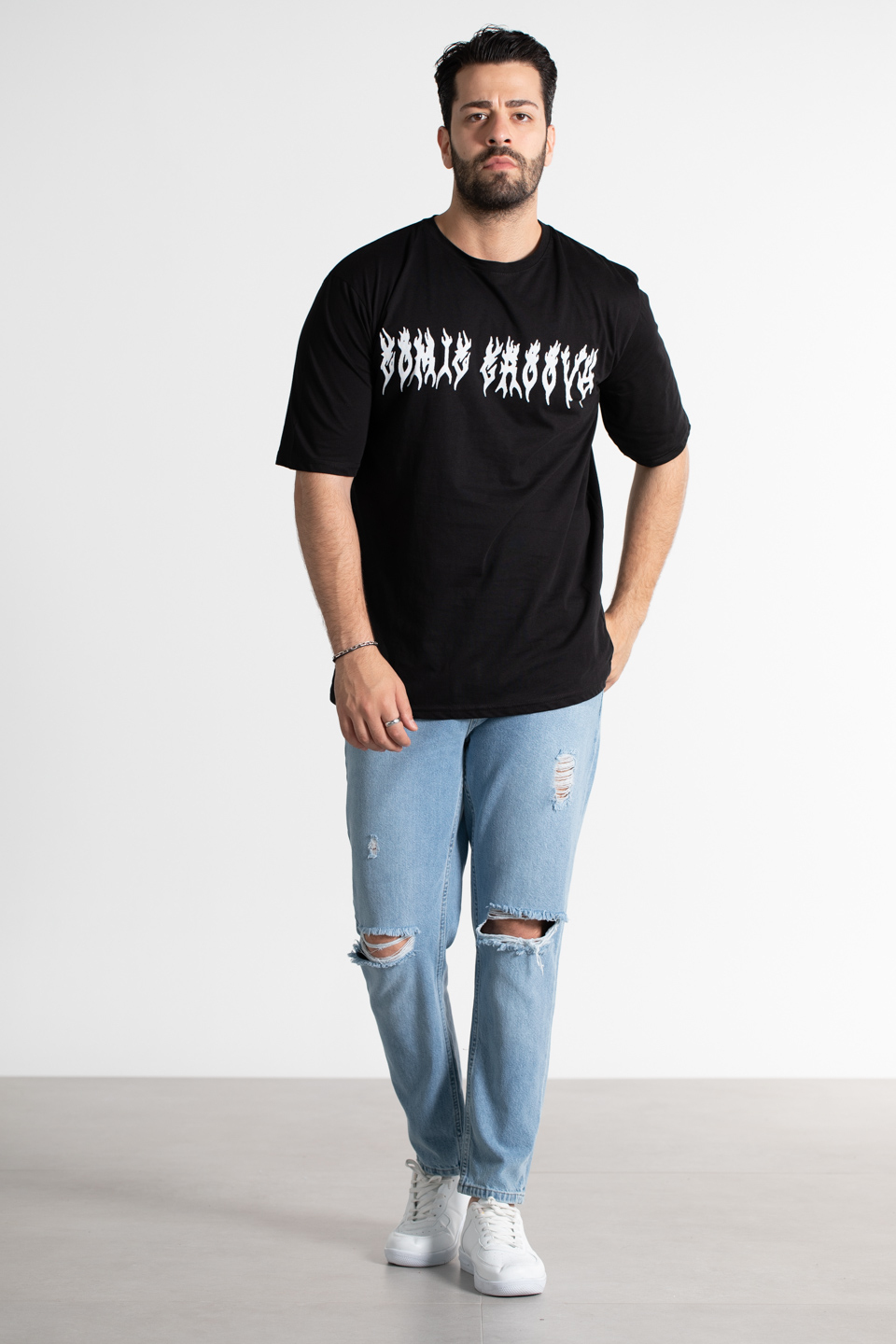 Oversıze baskılı t-shirt-1001 Siyah Yazı B.