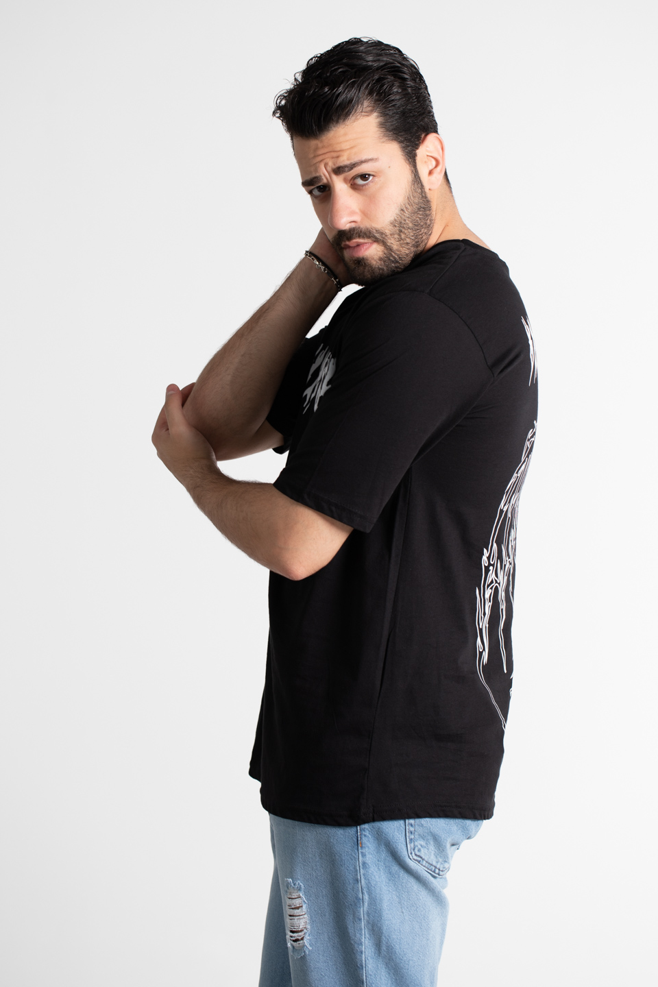 Oversıze baskılı t-shirt-1001 Siyah Yazı B.