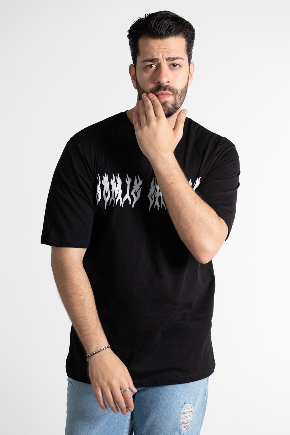 Oversıze baskılı t-shirt-1001 Siyah Yazı B.