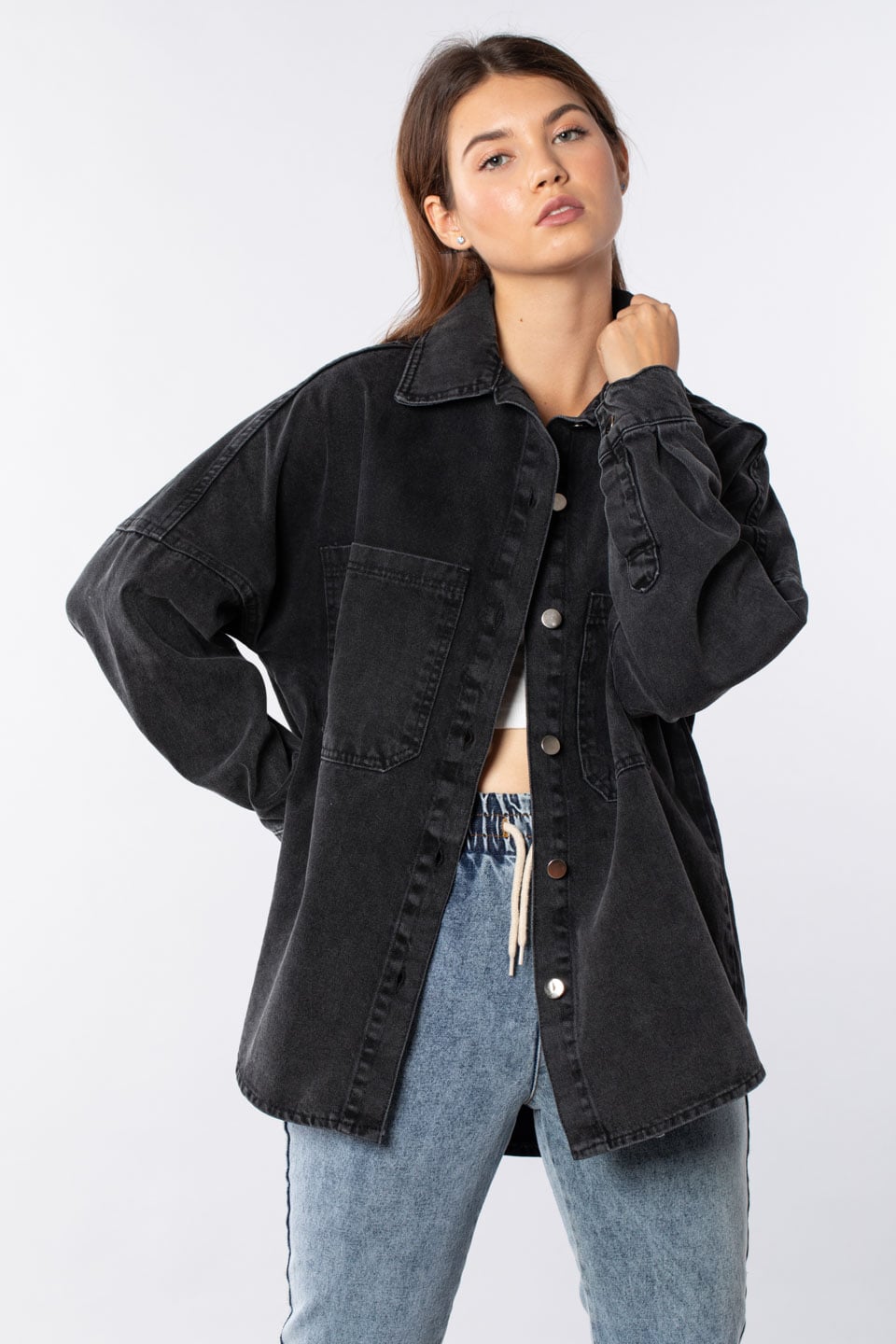 Oversize çift cepli denim ceket-3001 Siyah Kar Y.