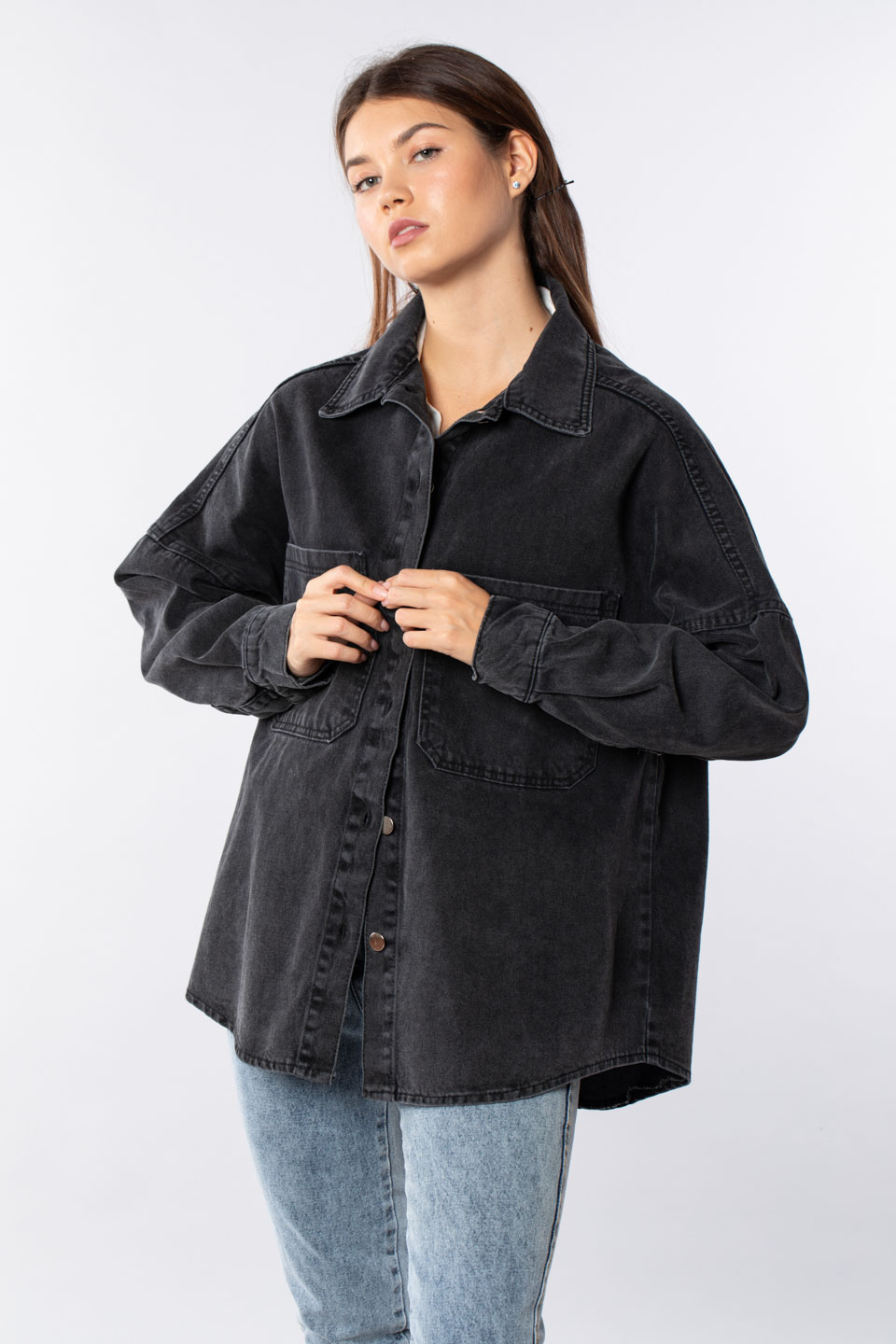 Oversize çift cepli denim ceket-3001 Siyah Kar Y.