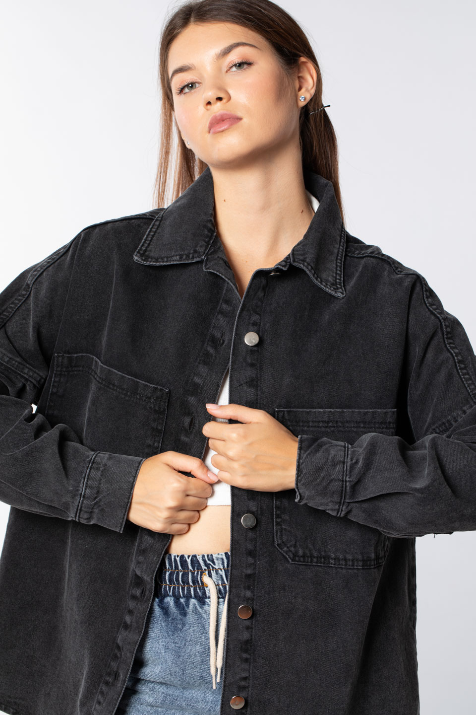 Oversize çift cepli denim ceket-3001 Siyah Kar Y.