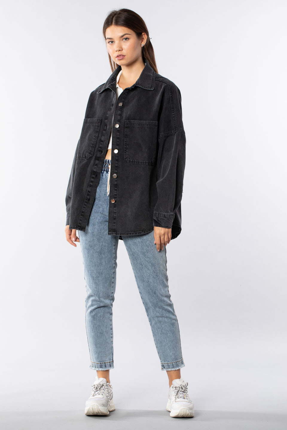 Oversize çift cepli denim ceket-3001 Siyah Kar Y.