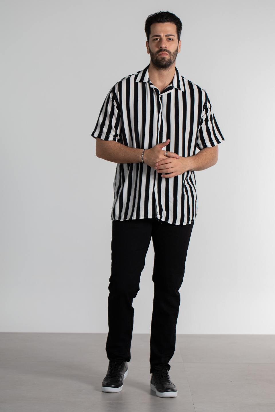 Oversize çizgili desen gömlek-6000 Siyah/Beyaz