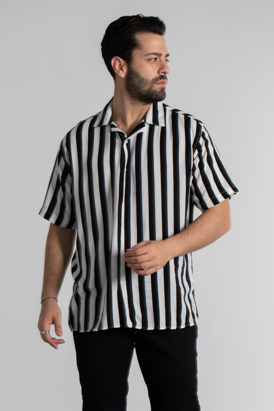 Oversize çizgili desen gömlek-6000 Siyah/Beyaz