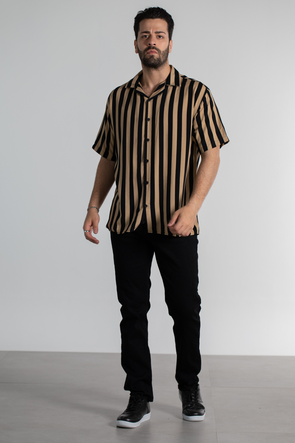 Oversize çizgili desen gömlek-6000 Taş/Siyah