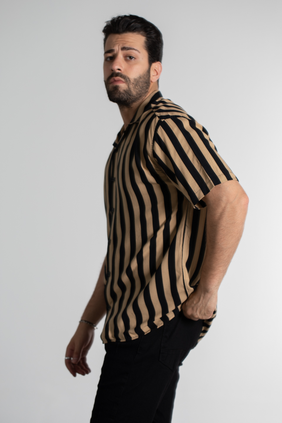 Oversize çizgili desen gömlek-6000 Taş/Siyah