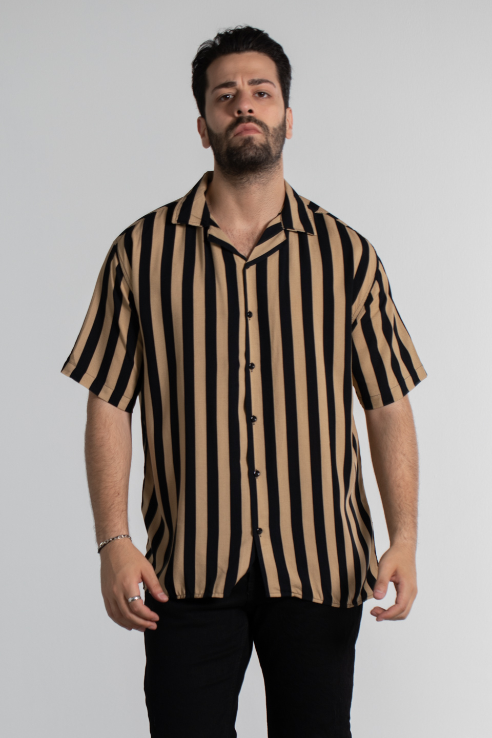 Oversize çizgili desen gömlek-6000 Taş/Siyah