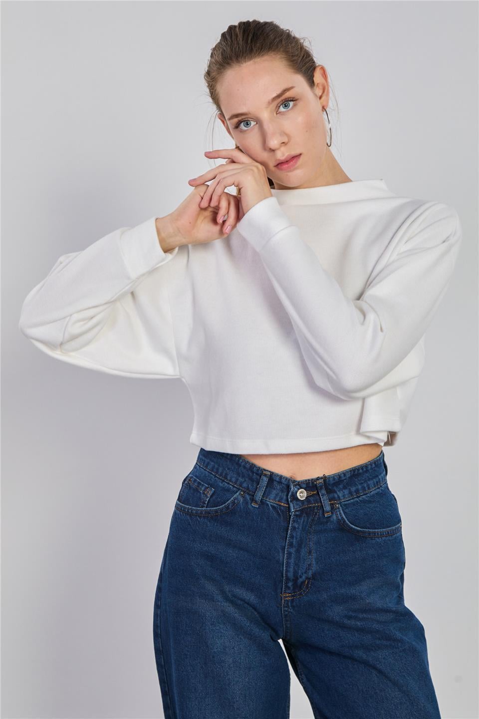 Oversize crop selanik sweatshirt-5774 Ekru