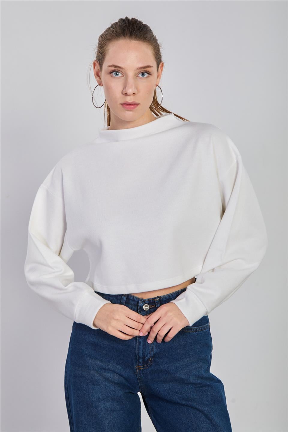 Oversize crop selanik sweatshirt-5774 Ekru