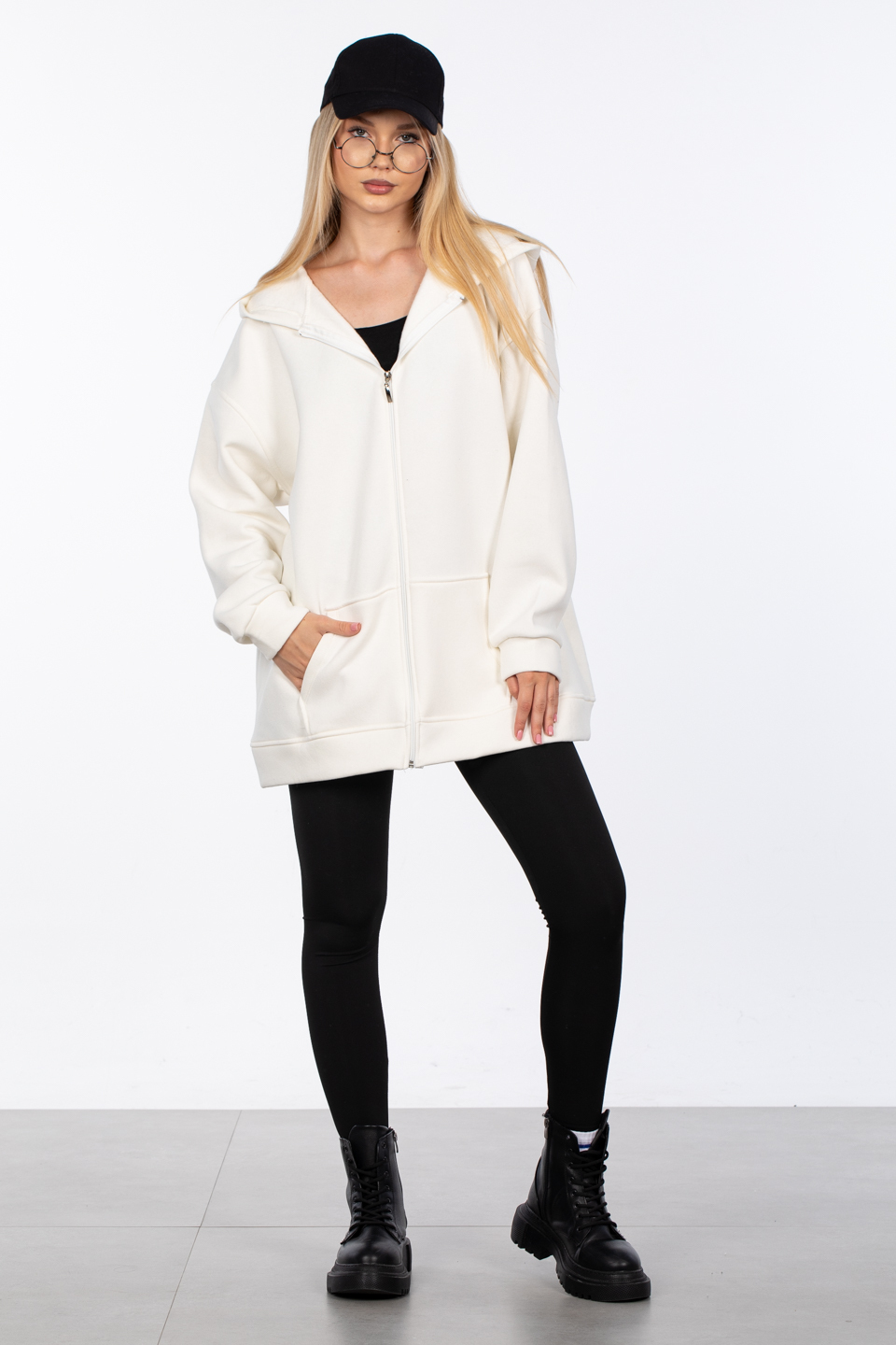 Oversize fermuarlı kapüşonlu sweatshirt-80-187 Ekru
