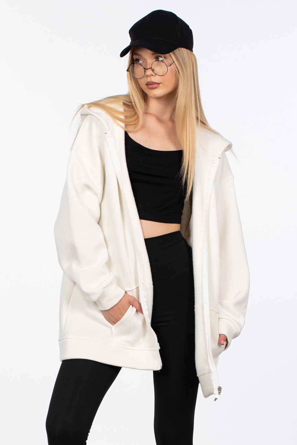 Oversize fermuarlı kapüşonlu sweatshirt-80-187 Ekru
