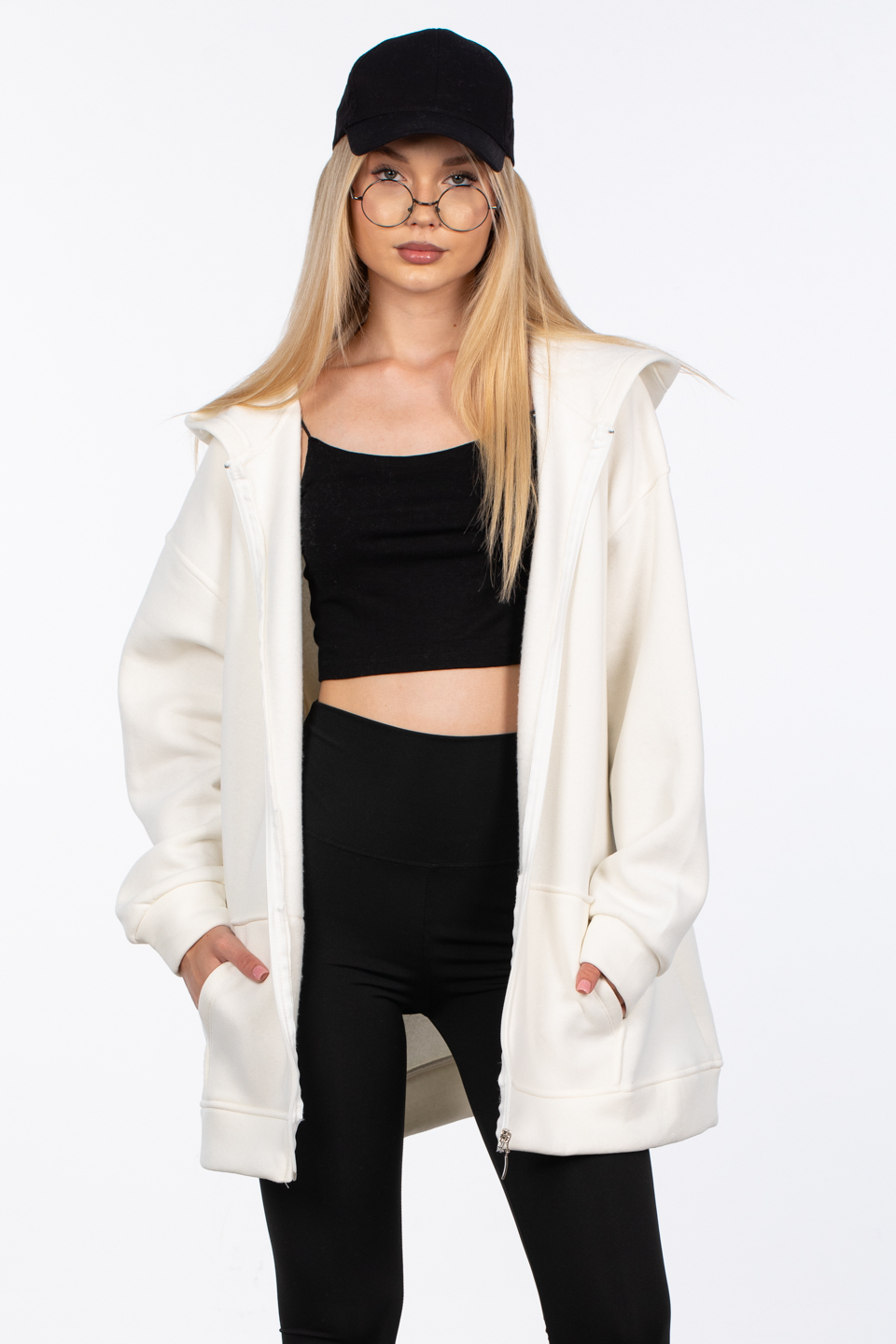 Oversize fermuarlı kapüşonlu sweatshirt-80-187 Ekru