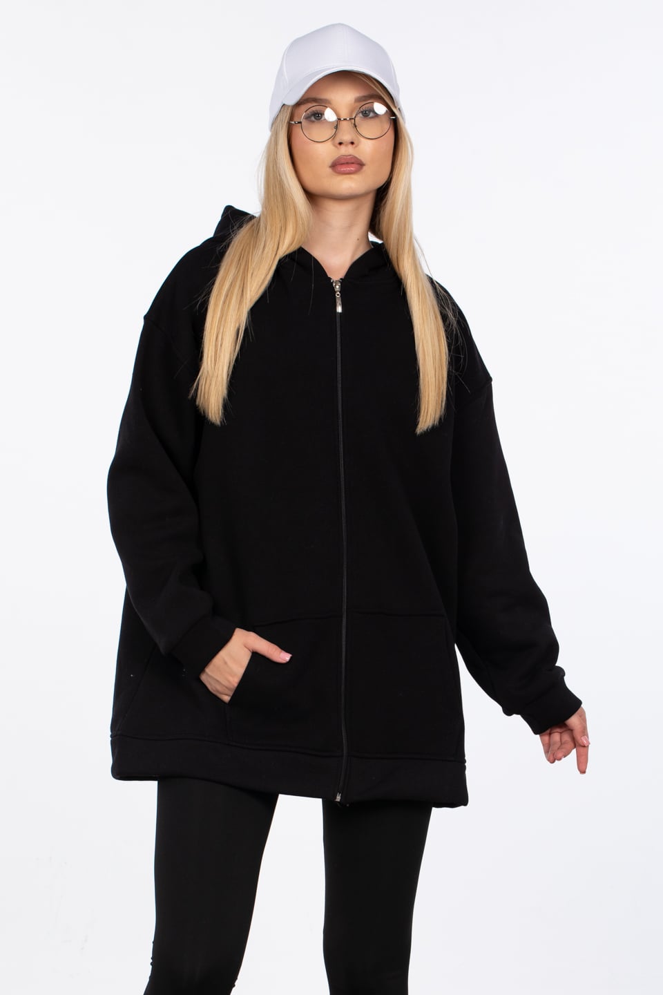 Oversize fermuarlı kapüşonlu sweatshirt-80-187 Siyah