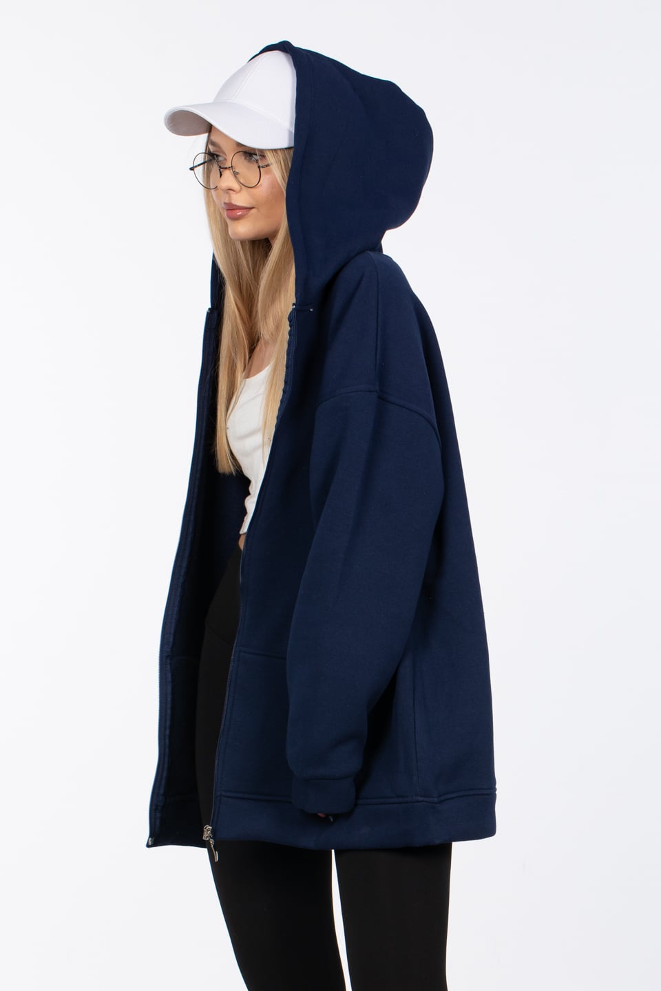 Oversize fermuarlı kapüşonlu sweatshirt-80-187 Lacivert