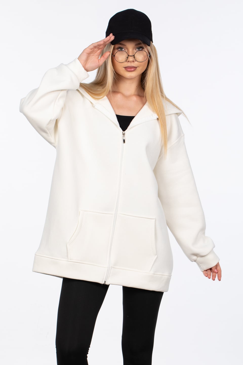Oversize fermuarlı kapüşonlu sweatshirt-80-187 Ekru