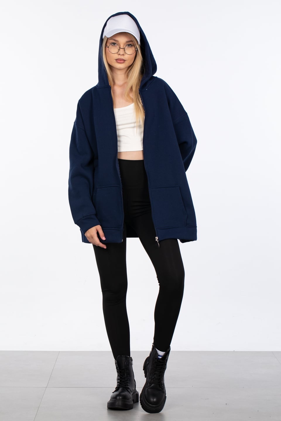 Oversize fermuarlı kapüşonlu sweatshirt-80-187 Lacivert