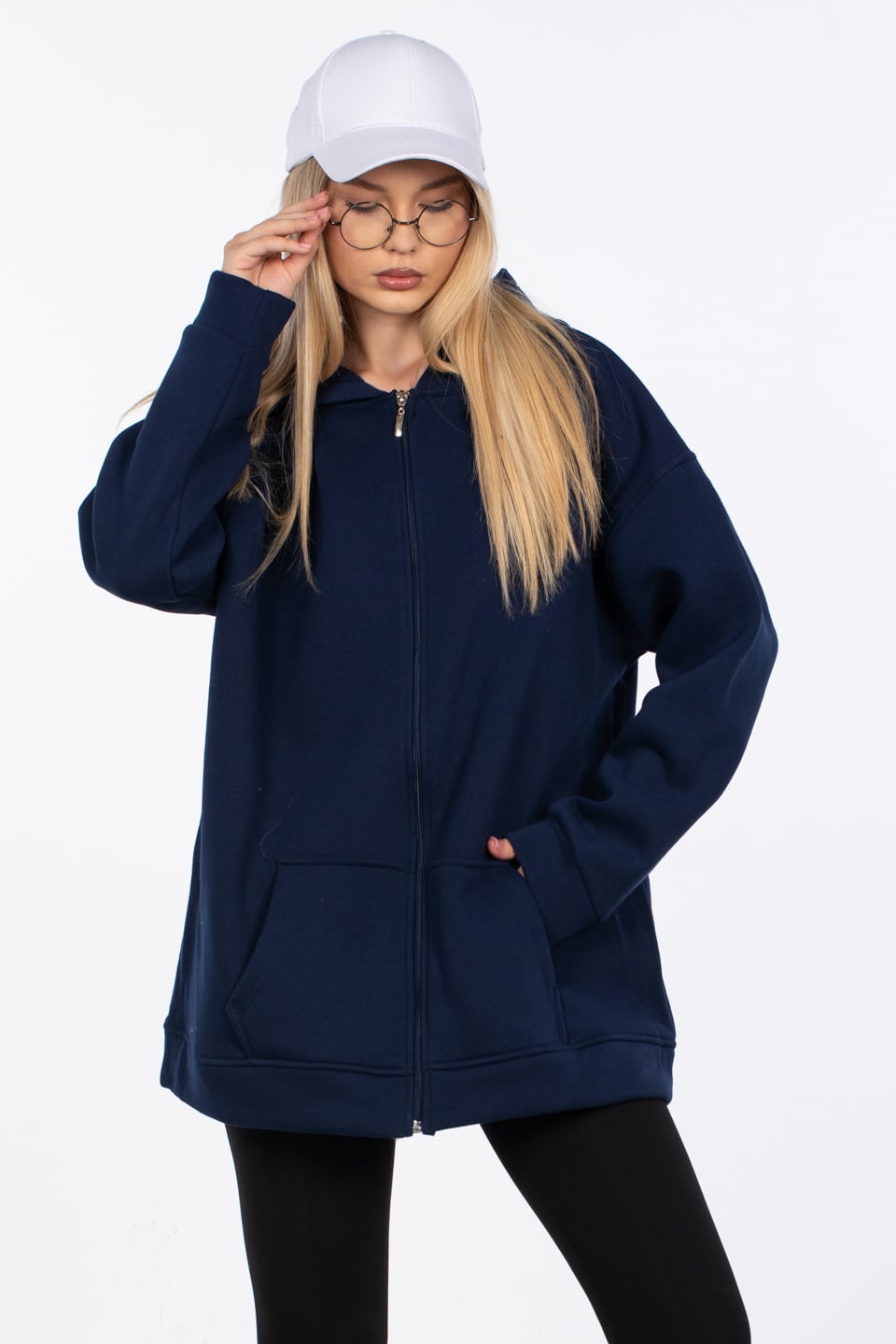 Oversize fermuarlı kapüşonlu sweatshirt-80-187 Lacivert