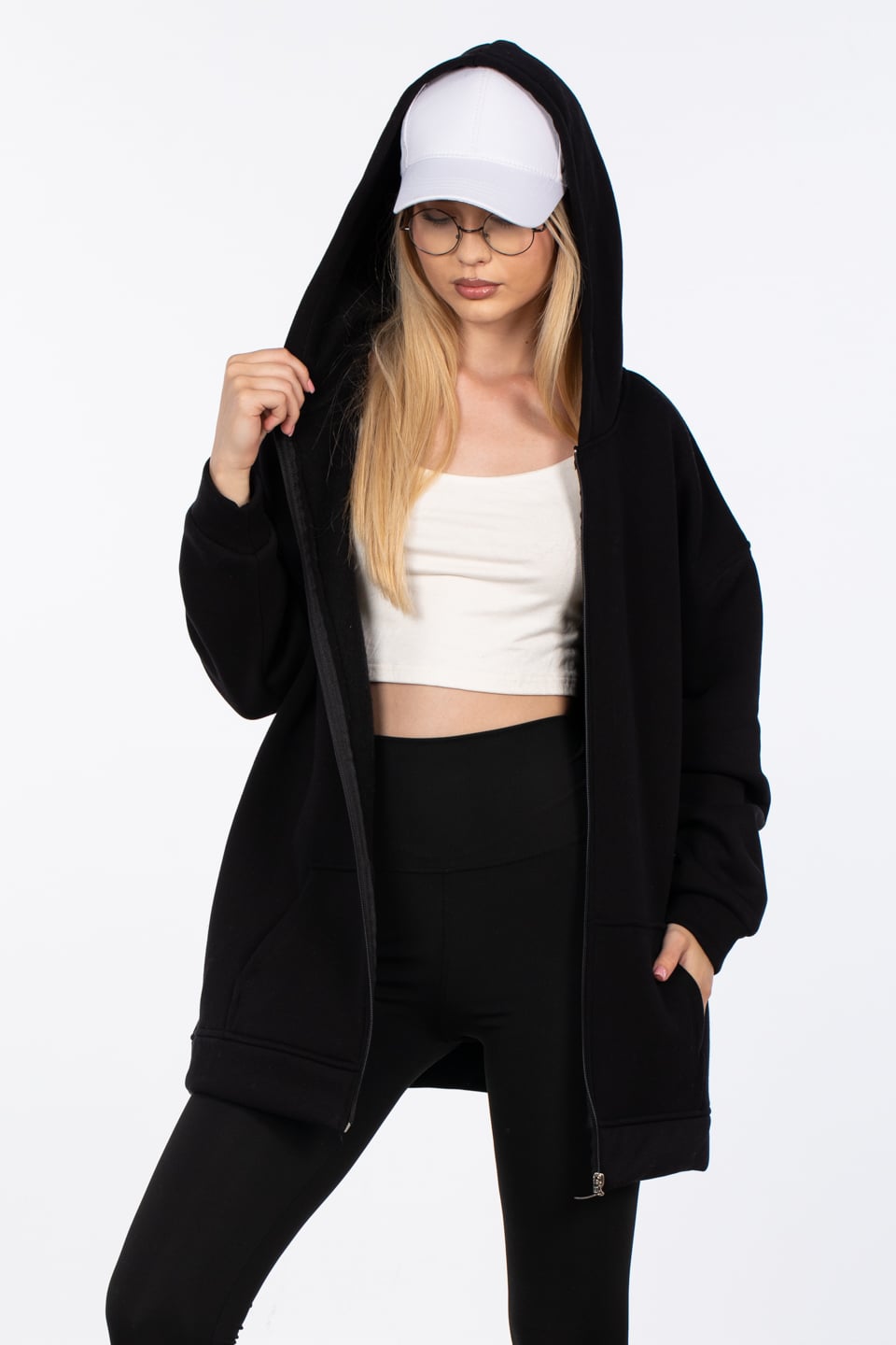 Oversize fermuarlı kapüşonlu sweatshirt-80-187 Siyah