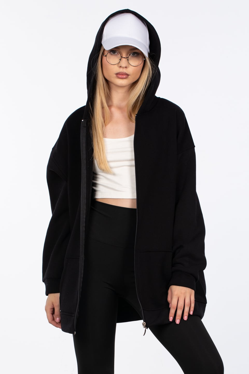 Oversize fermuarlı kapüşonlu sweatshirt-80-187 Siyah