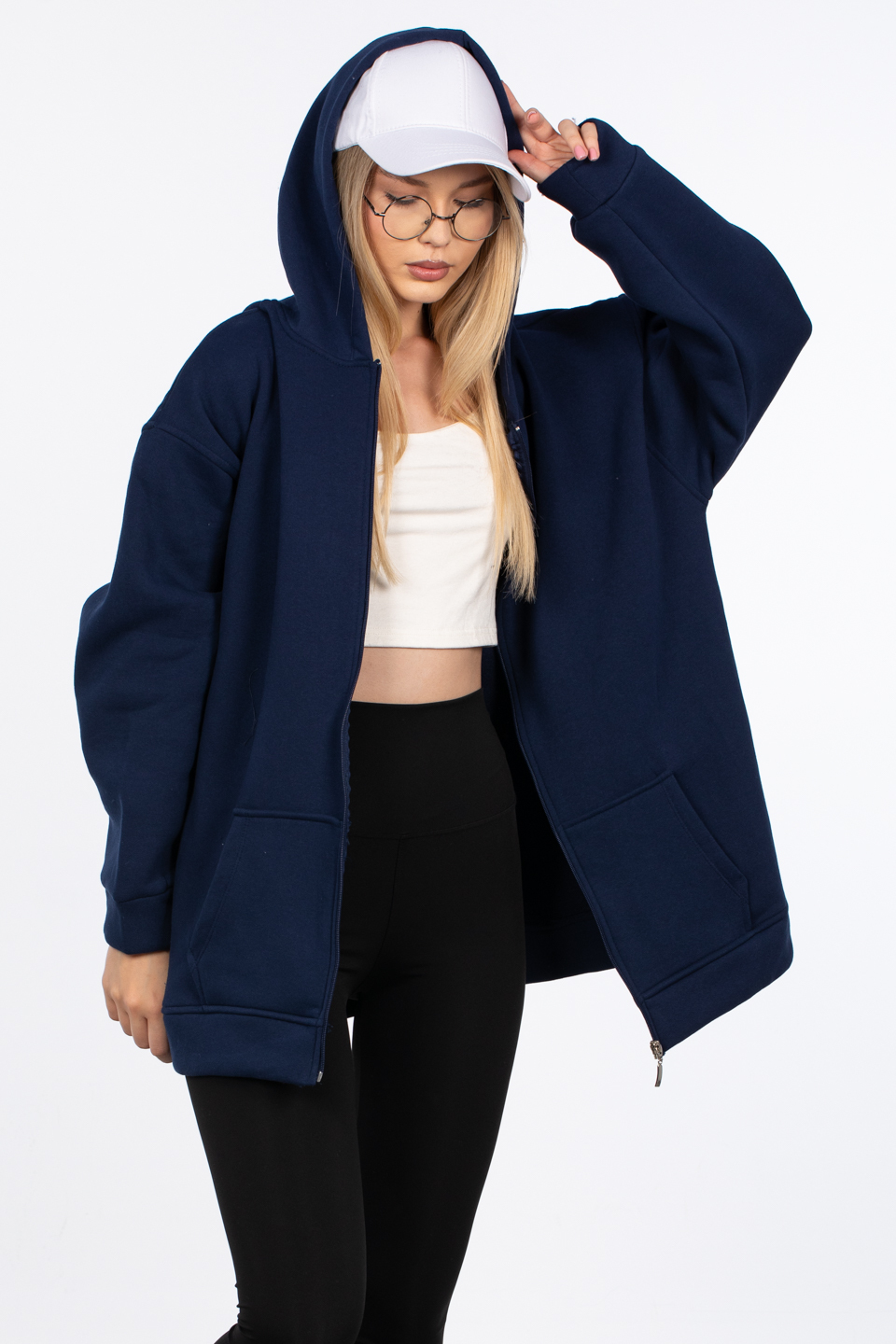 Oversize fermuarlı kapüşonlu sweatshirt-80-187 Lacivert