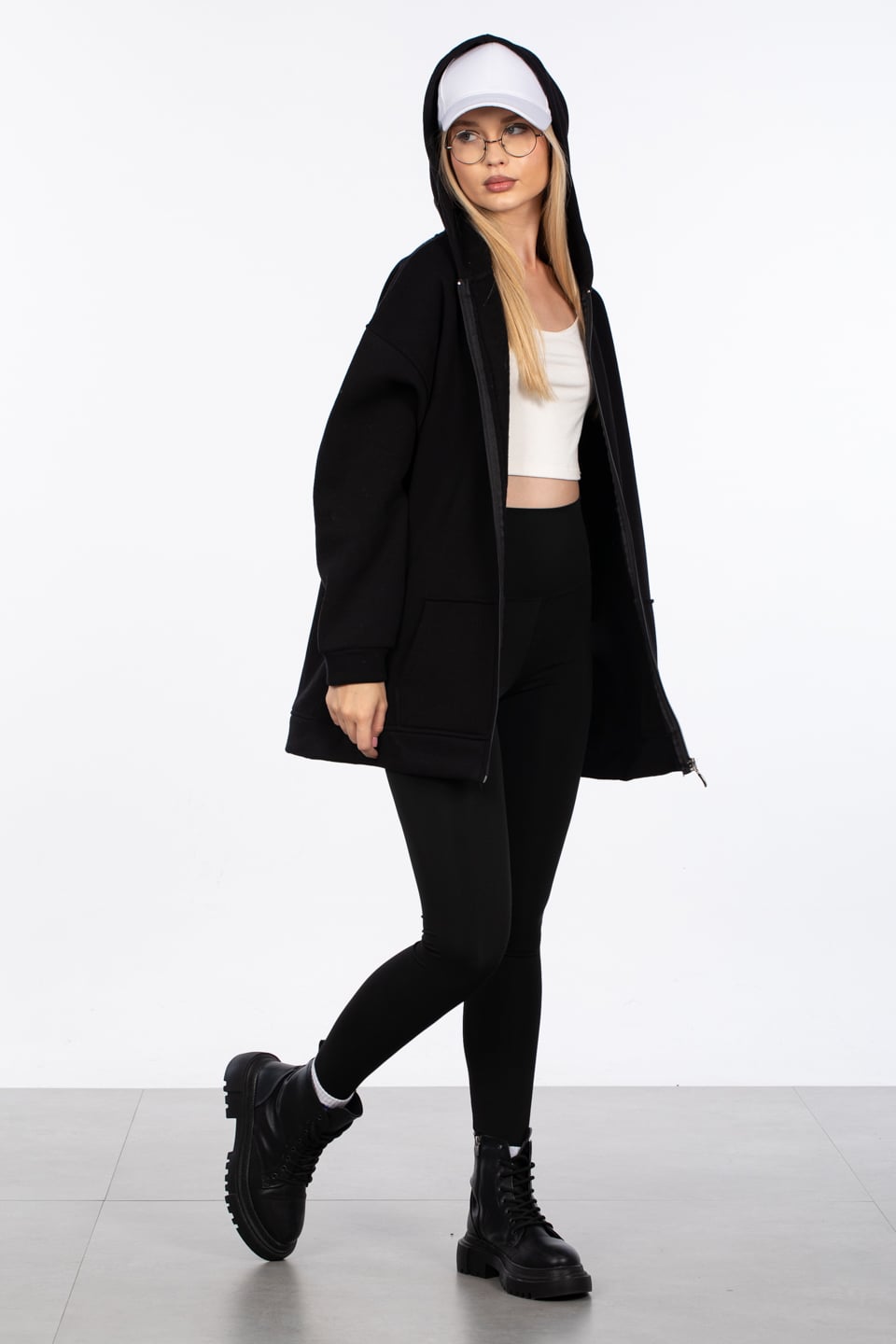 Oversize fermuarlı kapüşonlu sweatshirt-80-187 Siyah