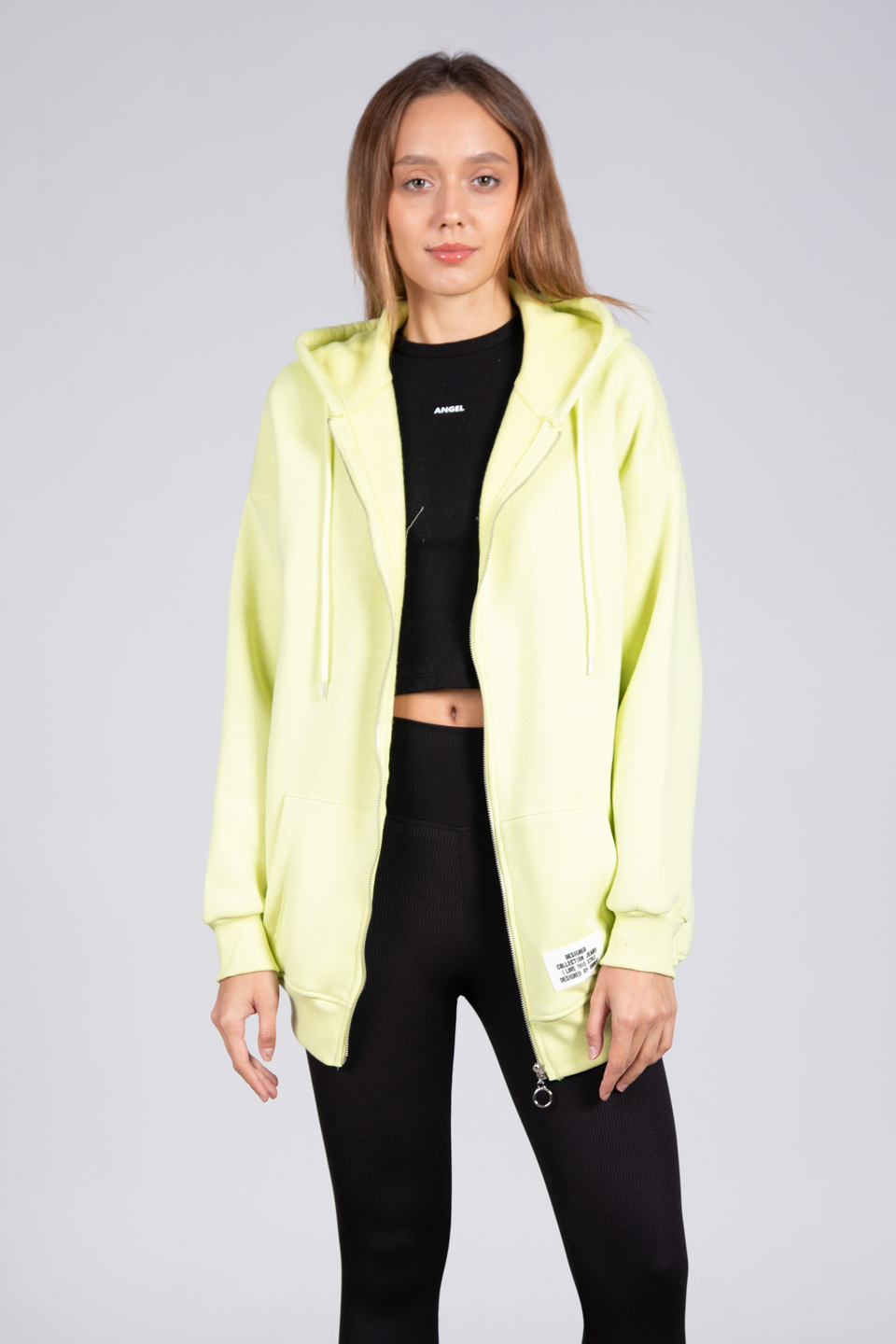 Oversize Kapüşonlu Fermuarlı Sweatshirt - Neon Sarı