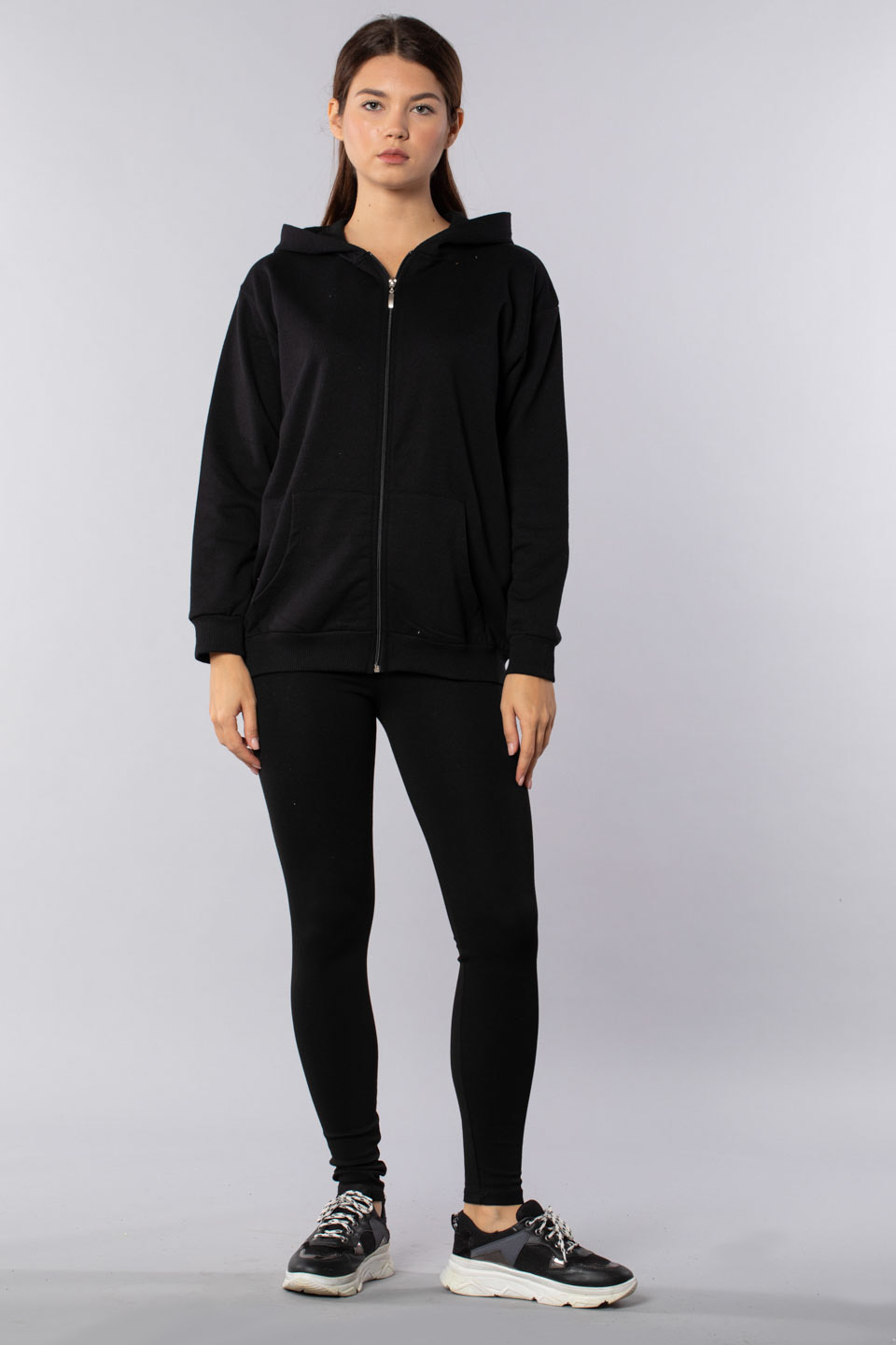 Oversize kapüşonlu fermuarlı sweatshirt-9603 Siyah