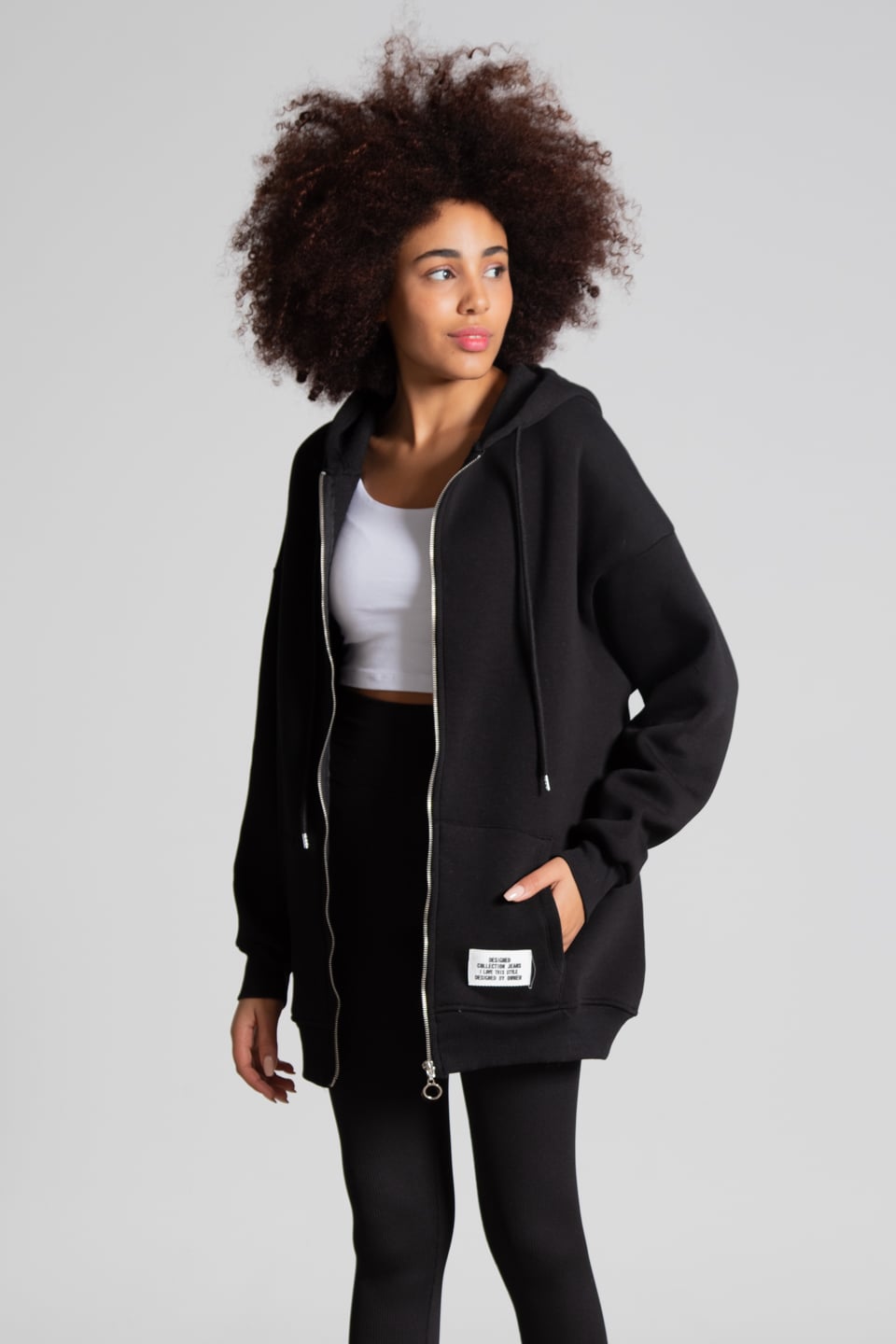 Oversize kapüşonlu fermuarlı sweatshirt-2986 Siyah