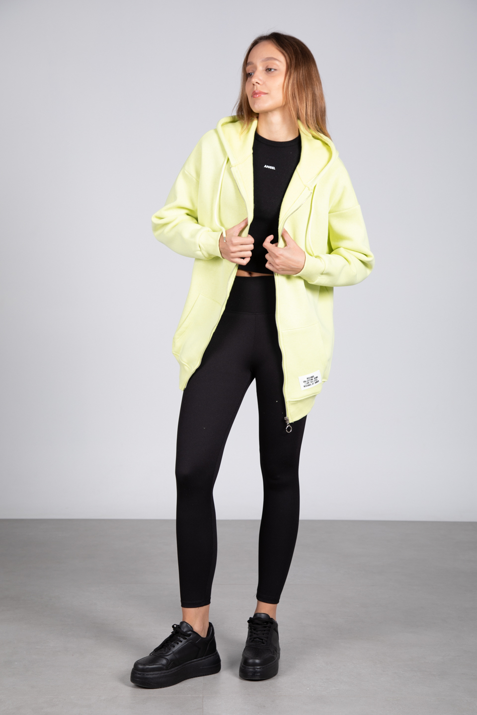 Oversize Kapüşonlu Fermuarlı Sweatshirt - Neon Sarı
